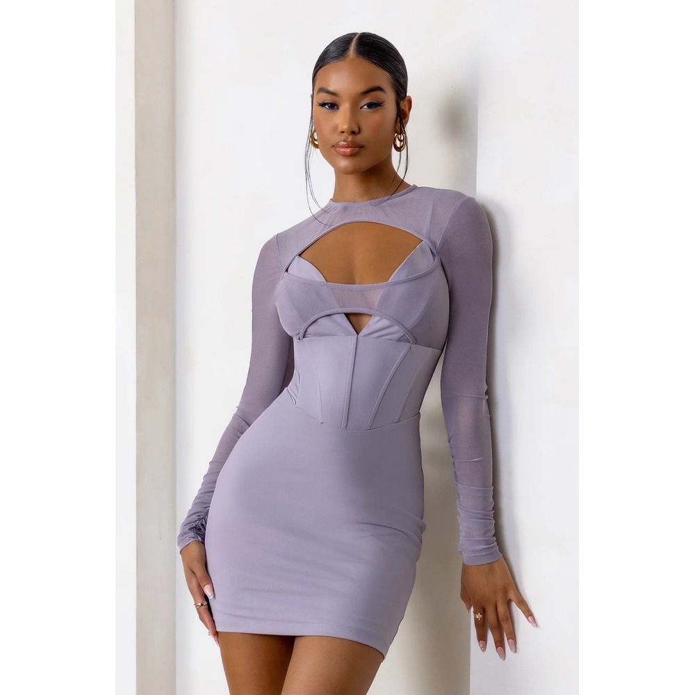 Club L London 12 Taupe Cutout Mini Dress W/Mesh Sleeves New